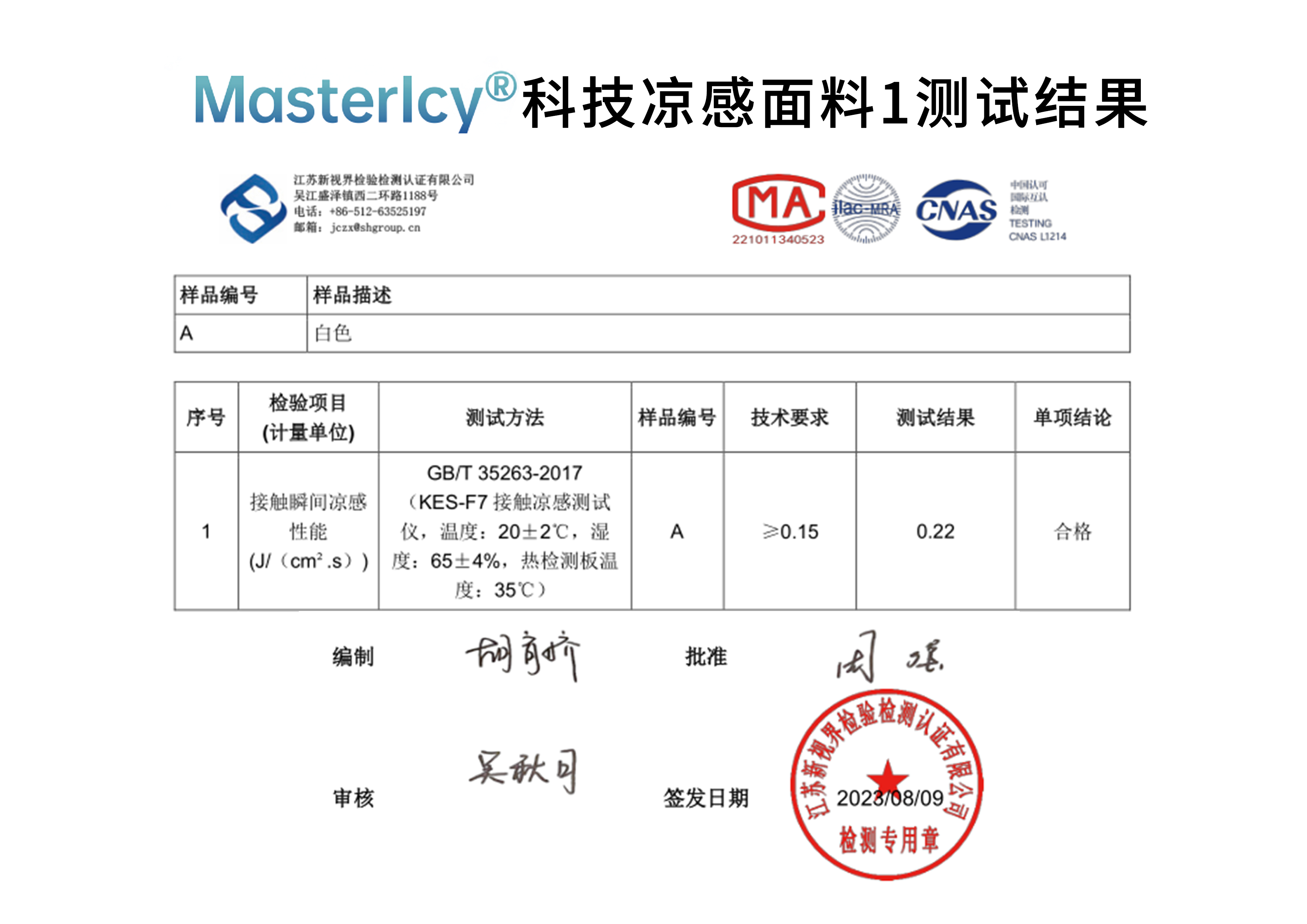 Mastericy?科技涼感面料1測試結(jié)果